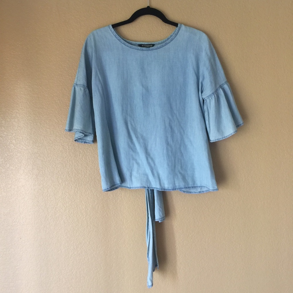Express Chambray Flutter Sleeve Top W/ Tie Back - image 1
